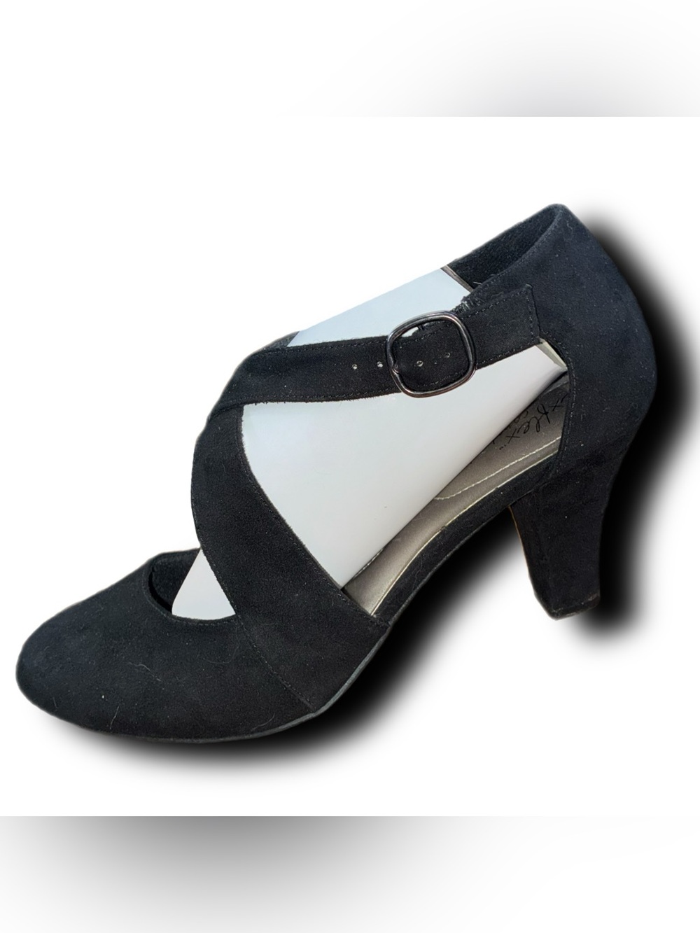 DexFlex Comfort Black Faux Suede Crisscross Mary Jane Heels